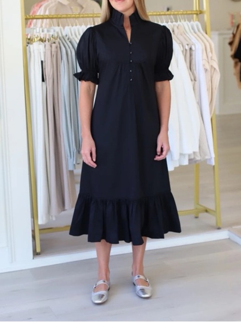 S’edge Priestly Dress Black Midi Dress with Ruffle Hem and Puff Sleeves